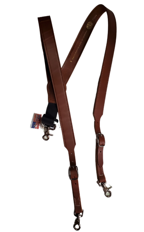 Our USA-made by 3D. Leather suspenders are the perfectly stylish accessory for your wardrobe. The main leather straps are 1 3/8" and taper to 3/4". Buckle adjustment and elastic back and scissor style clips for easy attachment to pants. Stocked in our Smyrna, TN store 20 miles from Nashville. 