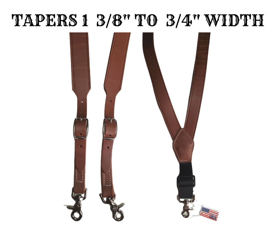 Our USA-made by 3D. Leather suspenders are the perfectly stylish accessory for your wardrobe. The main leather straps are 1 3/8" and taper to 3/4". Buckle adjustment and elastic back and scissor style clips for easy attachment to pants. Stocked in our Smyrna, TN store 20 miles from Nashville. 