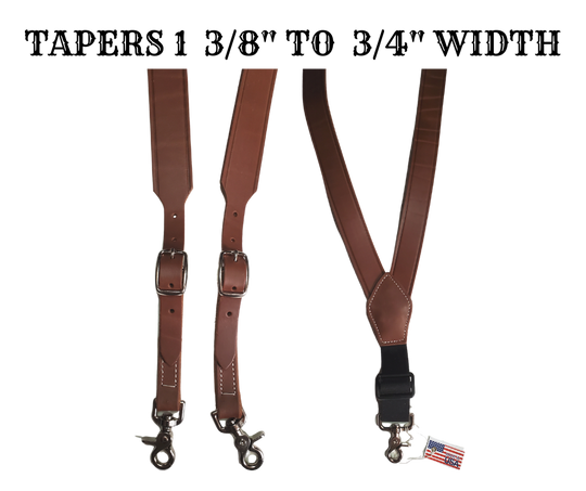 Our USA-made by 3D. Leather suspenders are the perfectly stylish accessory for your wardrobe. The main leather straps are 1 3/8" and taper to 3/4". Buckle adjustment and elastic back and scissor style clips for easy attachment to pants. Stocked in our Smyrna, TN store 20 miles from Nashville. 