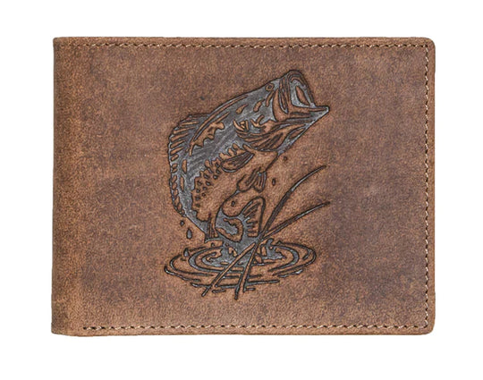 Distressed Leather wallet with embossed animal exterior. Mossy Oak camouflage interior. Choose Deer, Bass or Duck. Inside features 6 credit card slots, 2 underneath slots and cash slot.  Folded dimensions are 4" by 3" Available in our online and retail shop, located in Smyrna, TN, just outside of Nashville. Imported