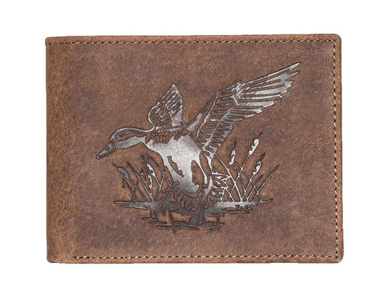 Distressed Leather wallet with embossed animal exterior. Mossy Oak camouflage interior. Choose Deer, Bass or Duck. Inside features 6 credit card slots, 2 underneath slots and cash slot.  Folded dimensions are 4" by 3" Available in our online and retail shop, located in Smyrna, TN, just outside of Nashville. Imported