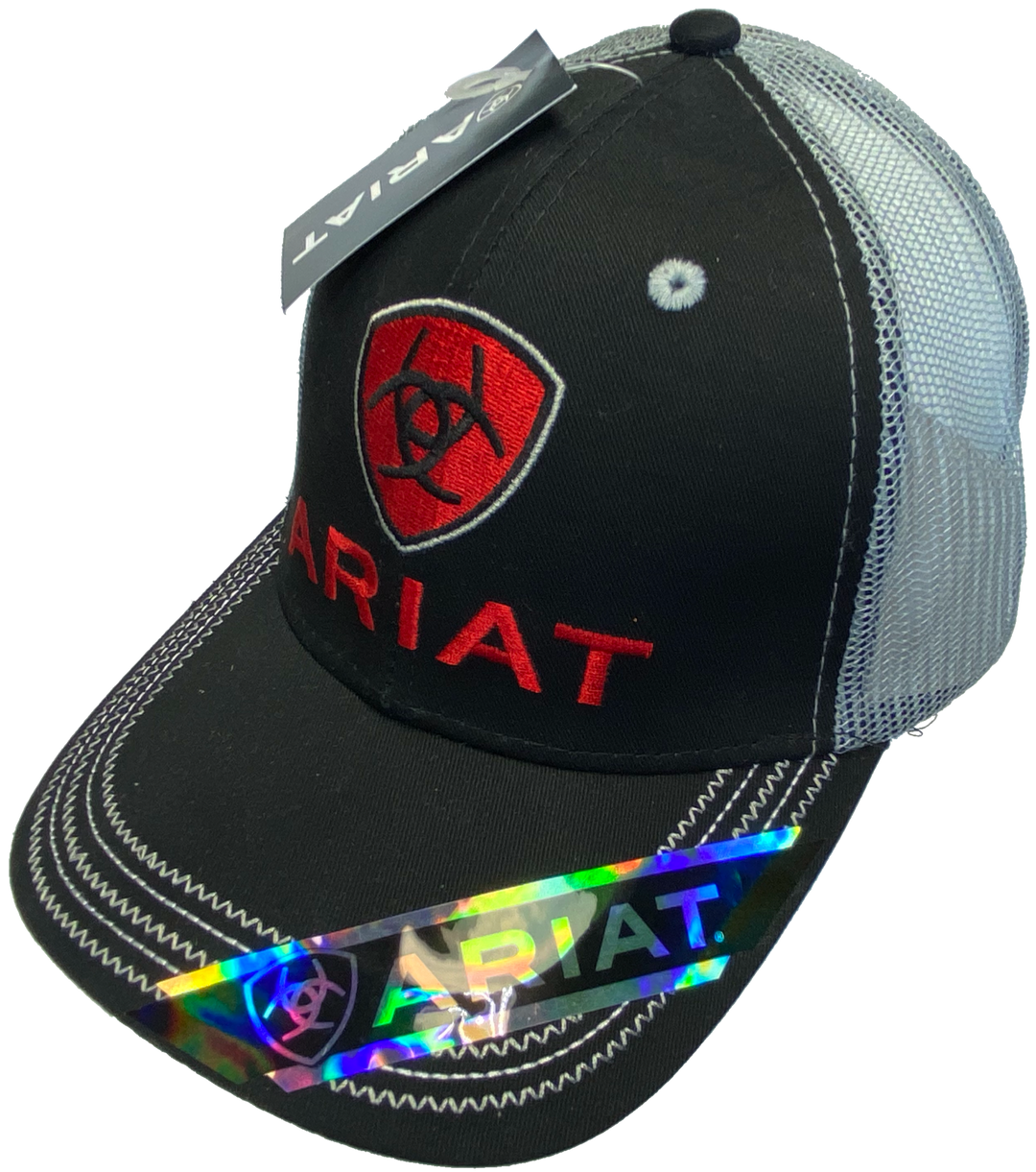 Black cap with grey mesh back and velcro closure. Structured front has red Ariat logo embroidered. Available for purchase at our shop just outside of Nashville in Smyrna, TN.