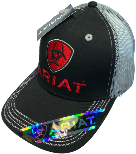 Black cap with grey mesh back and velcro closure. Structured front has red Ariat logo embroidered. Available for purchase at our shop just outside of Nashville in Smyrna, TN.