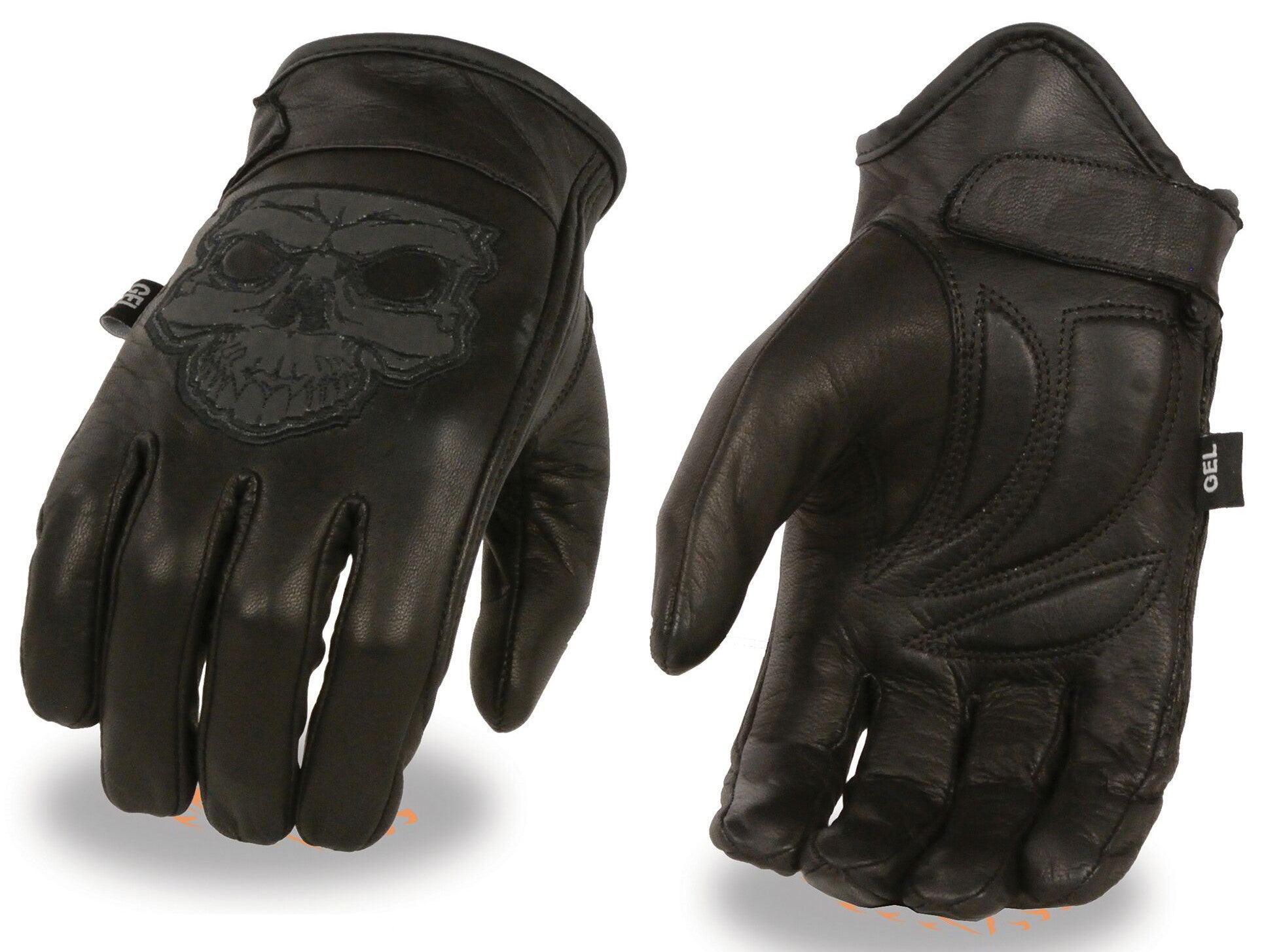 Leather motorcycle&nbsp;Premium Cowhide Leather&nbsp;riding gloves with reflective skull pictured on back of hand making it great for night riding. They are available in Unisex sizing XS-5X and have a thermal lining and velcro wrist closure. They are available in our shop just outside Nashville in Smyrna, TN.