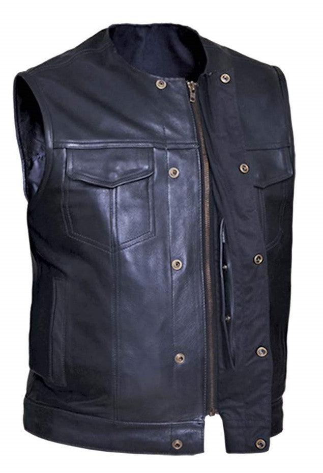 The No Rival is a black riding vest made from Premium naked cowhide leather. It features: a tab style collar, snap front and zippered closure, solid panel back, two lower front snap pockets, front chest snap pockets, and inside conceal carry pockets on each side. Available in our Smyrna, TN shop just outside of Nashville. Sizes available from Small to 8XL.