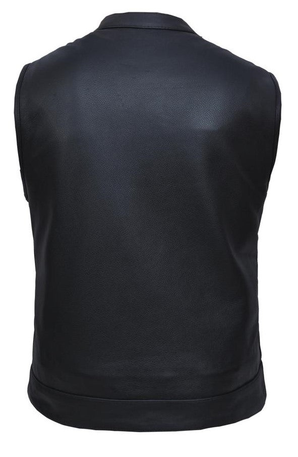 The Shadow is a black riding vest made from Premium naked cowhide leather. It features: a tab style collar, snap front and zippered closure, solid panel back, two lower front snap pockets, front chest snap pockets, and inside conceal carry pockets on each side. Available in our Smyrna, TN shop just outside of Nashville. Sizes available from Small to 8XL.