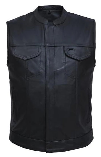 The Shadow is a black riding vest made from Premium naked cowhide leather. It features: a tab style collar, snap front and zippered closure, solid panel back, two lower front snap pockets, front chest snap pockets, and inside conceal carry pockets on each side. Available in our Smyrna, TN shop just outside of Nashville. Sizes available from Small to 8XL.