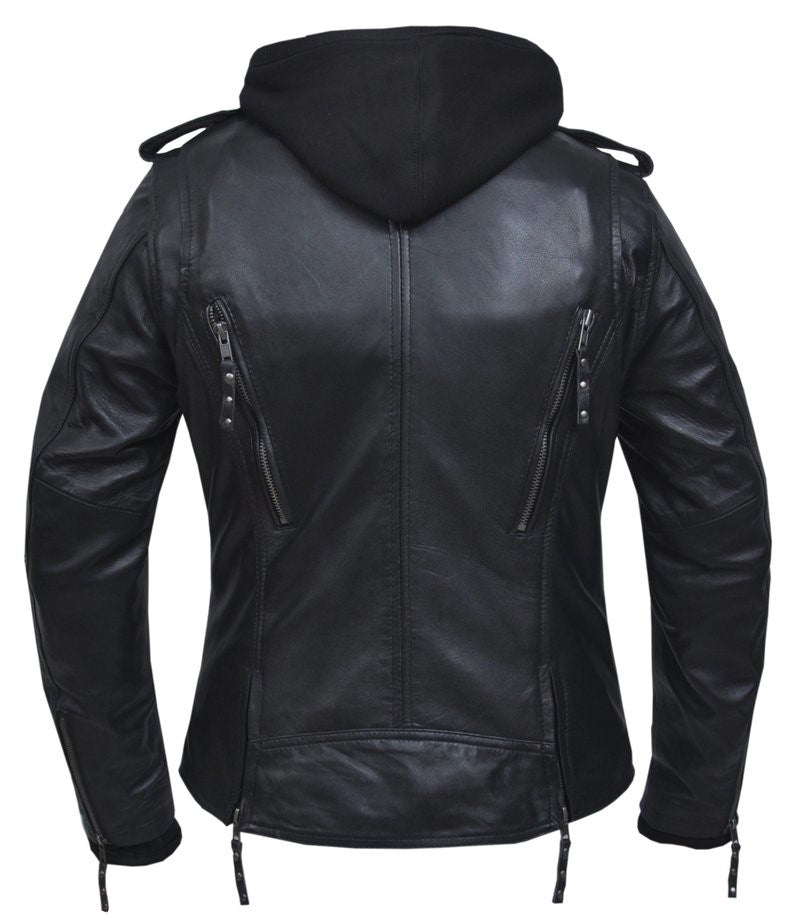 Whether you're a Harley owner or just love an edgy look, our LoveBites Leather Hoodie Jacket is perfect for you. Made with soft and supple lamb skin, this jacket features a black mesh lining and a removable black hoodie liner. It also has Kevlar spandex on the elbows and shoulders. Complete with antique silver hardware, it has 4 outside pockets and 2 inside concealed carry pockets. With venting on the front and back, you can ride in style to Smyrna, TN - just outside Nashville. Available in sizes XS-5XL.