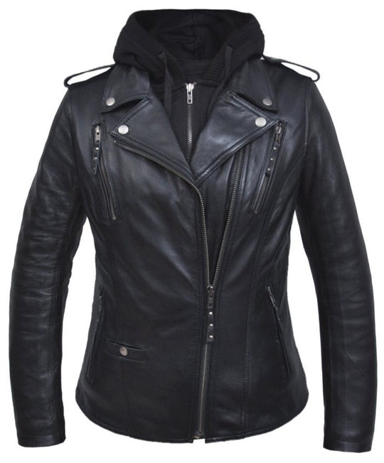 Whether you're a Harley owner or just love an edgy look, our LoveBites Leather Hoodie Jacket is perfect for you. Made with soft and supple lamb skin, this jacket features a black mesh lining and a removable black hoodie liner. It also has Kevlar spandex on the elbows and shoulders. Complete with antique silver hardware, it has 4 outside pockets and 2 inside concealed carry pockets. With venting on the front and back, you can ride in style to Smyrna, TN - just outside Nashville. Available in sizes XS-5XL.