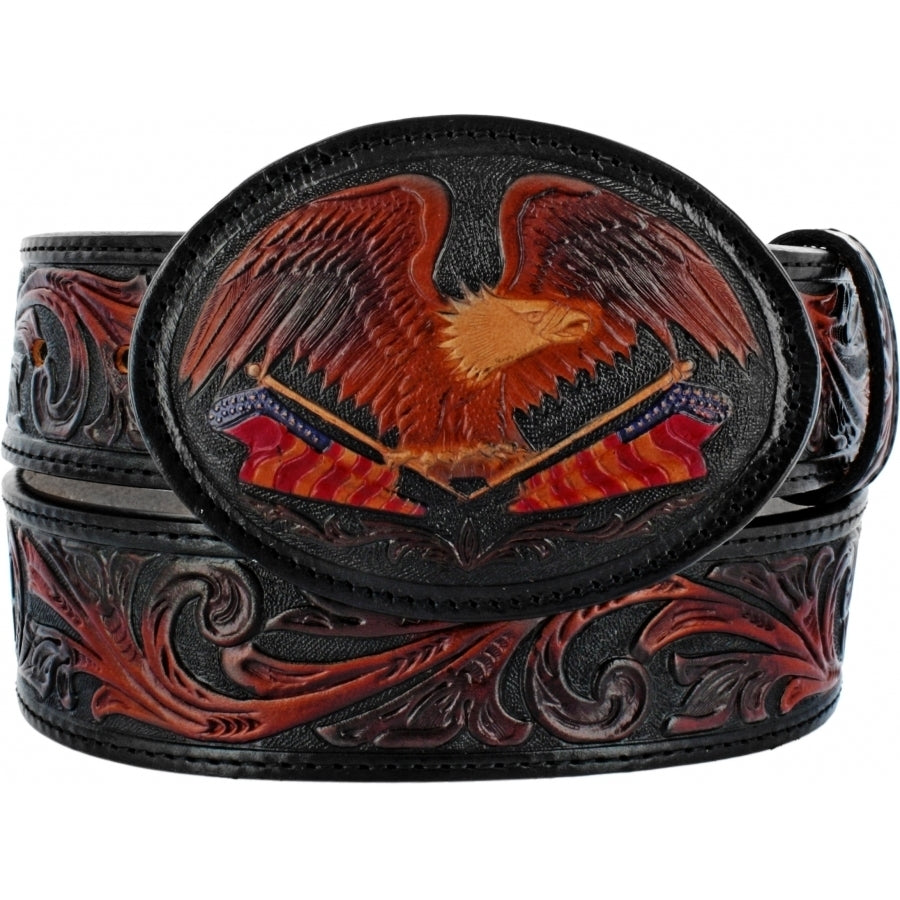 A rugged western look with a Matching removable Leather buckle that allows you to show off your American pride. Patriotically embossed with colorful Eagles and Flags on black background. Has snaps for easy buckle change. Made by Brighton for Tony Lama. Available in our Smyrna, TN shop.  