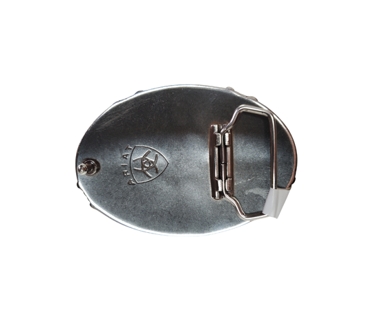 Ariat men's western buckle Steer head with horns against a hammered antique silver background. The oval buckle has a barbwire edging for an authentic Western look.  Measures: 2-3/4" X 3-3/4"  Fits belts 1 1/2" wide