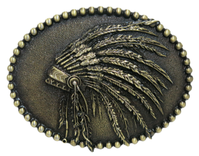 The Native American Feathered headdress. The iconic design inspired this buckle with it's antique brass appearance, a beaded edge with the centered feathered headdress in a oval shape. The buckle is made from Zamak is an alloy of zinc, aluminum, magnesium and copper and is manufactured using the casting technique. The mold of each buckle is designed and finished by hand. Each piece is covered with a heat sealed. Buckle size is Width 4” Height 3” and is available in our Smyrna, TN shop  
