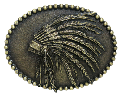 The Native American Feathered headdress. The iconic design inspired this buckle with it's antique brass appearance, a beaded edge with the centered feathered headdress in a oval shape. The buckle is made from Zamak is an alloy of zinc, aluminum, magnesium and copper and is manufactured using the casting technique. The mold of each buckle is designed and finished by hand. Each piece is covered with a heat sealed. Buckle size is Width 4” Height 3” and is available in our Smyrna, TN shop  