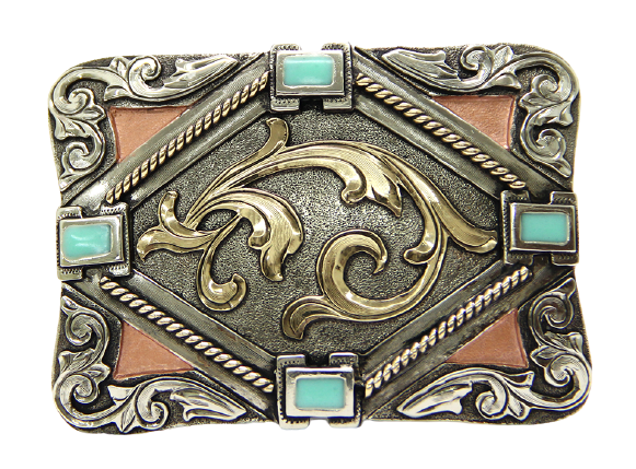 This Southwest inspired buckle combines Stones and Scrolled designs buckle has a rectangle shape. This buckle is made from German Silver (nickel and brass alloy) or iron metal base. Some buckles have motifs made of copper, iron or brass and some are adorned with synthetic stones. Buckle size is Width 3.5” Height 2.5” and is available in our Smyrna, TN shop.   