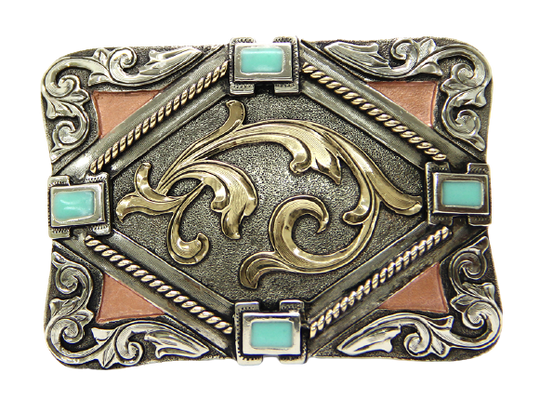 This Southwest inspired buckle combines Stones and Scrolled designs buckle has a rectangle shape. This buckle is made from German Silver (nickel and brass alloy) or iron metal base. Some buckles have motifs made of copper, iron or brass and some are adorned with synthetic stones. Buckle size is Width 3.5” Height 2.5” and is available in our Smyrna, TN shop.   