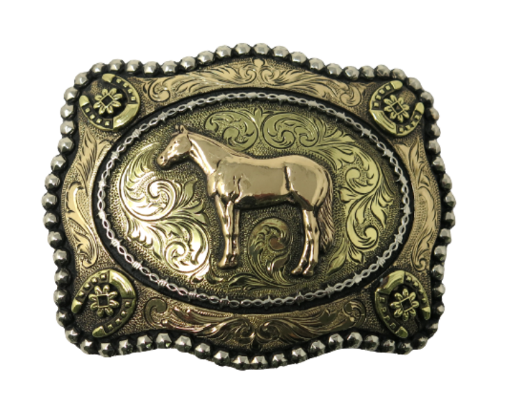 The Quarter Horse buckle has a classic oval shape with a Western scroll design, and a beaded edge, a horseshoe enclosed berry framing a standing Quarter Horse. This buckle is made from German Silver (nickel and brass alloy) or iron metal base. Some buckles have motifs made of copper, iron or brass and some are adorned with synthetic stones. Buckle size is Width Width 4” Height 3” and is available in our Smyrna, TN shop.