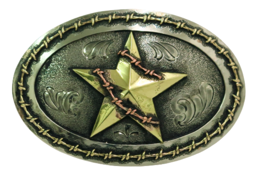 Stars and Barbwire brings thoughts of a old western town, sheriffs and bad guys and riding fences. This buckle is made from German Silver (nickel and brass alloy) or iron metal base. Some buckles have motifs made of copper, iron or brass and some are adorned with synthetic stones. Our products are all handcrafted. 