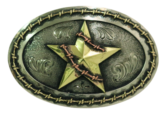 Stars and Barbwire brings thoughts of a old western town, sheriffs and bad guys and riding fences. This buckle is made from German Silver (nickel and brass alloy) or iron metal base. Some buckles have motifs made of copper, iron or brass and some are adorned with synthetic stones. Our products are all handcrafted. 