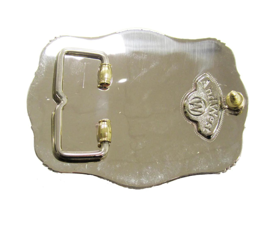 The Redemption buckle has a classic oval shape with a Western scroll design, and a beaded edge framing a Cross. This buckle is made from 100% pure German silver (nickel and brass alloy) or iron metal base. Buckle size is Width 4.5” Height 3.5” and fits belts up 1 3/4" wide a little bigger than some of our other buckles that is available in our Smyrna, TN shop.