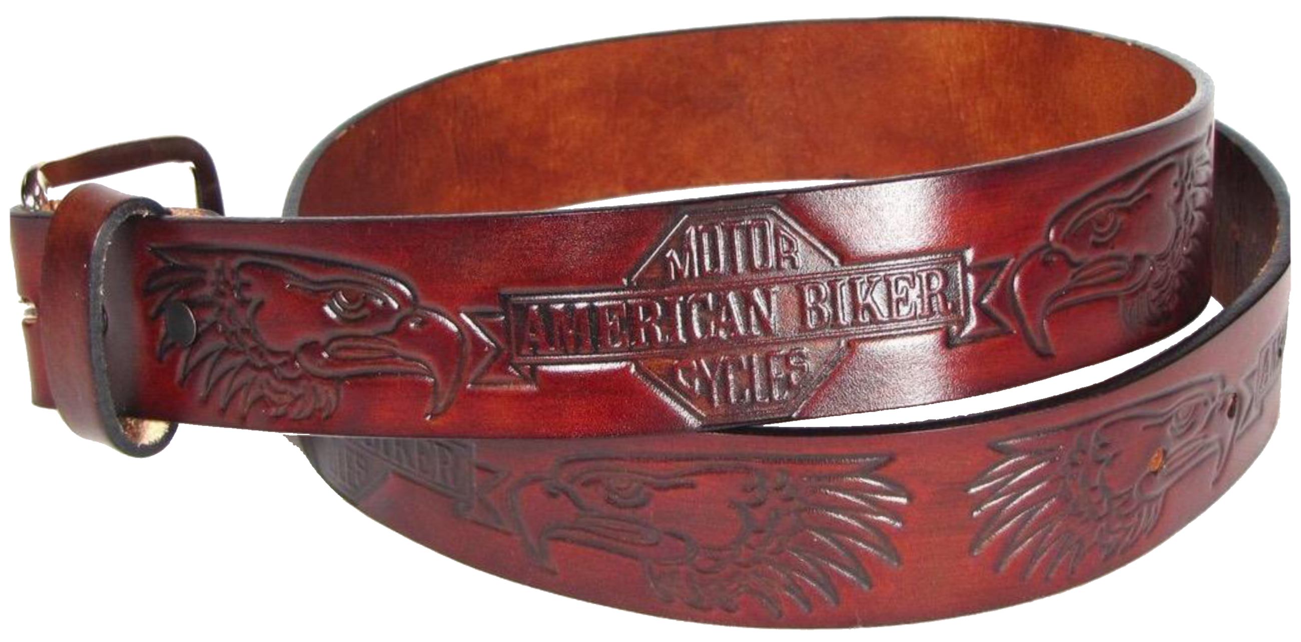 This USA made veg-tan leather belt is approx. 1/8" thick, 1 1/2"width with no fillers to split or rip apart. The belt features American Biker and Eagle heads embossed around the entire belt. The leather is comfortable from day one.  Buckle is silver colored and snapped on for easy buckle change. We don't make this belt but it's Buckle and Hide approved and still made in the USA