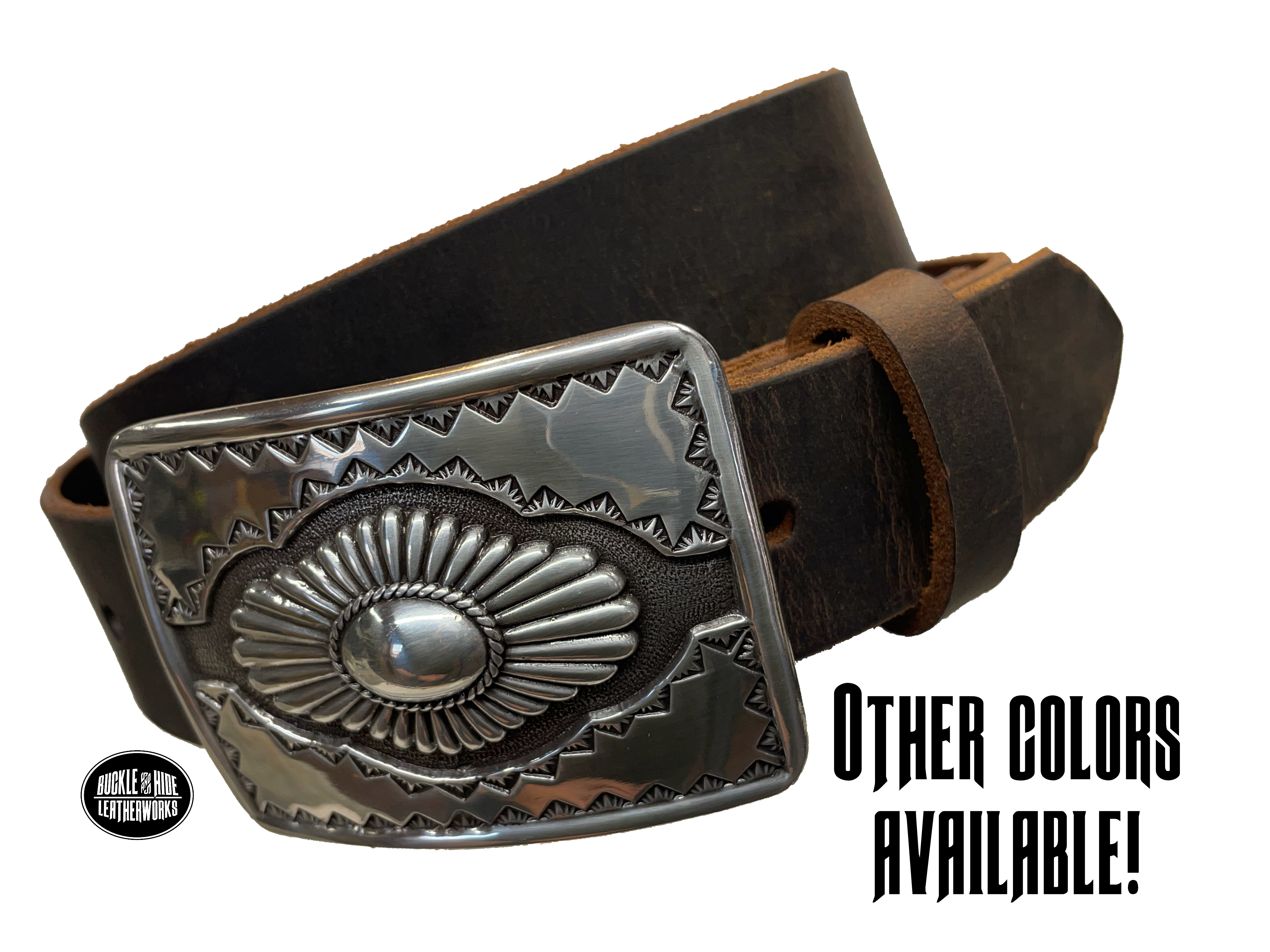 "The Cody" is a Western style belt buckle that will add a classic western look to your belt. ﻿CHOOSE ONE BELT STRIP COLOR! ﻿The belt is made from a single strip of leather in our shop in Smyrna, TN, just outside Nashville. The buckle is imported. ﻿Available in our retail and online shops. Main photo.