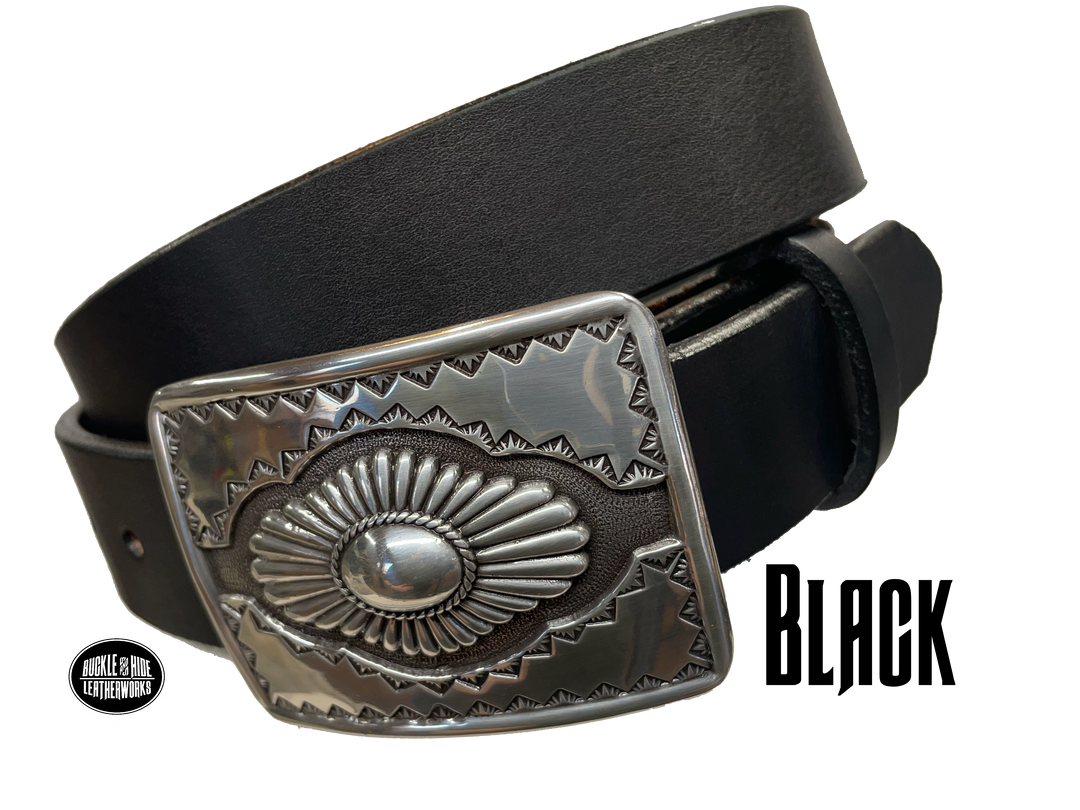 "The Cody" is a Western style belt buckle that will add a classic western look to your belt. ﻿CHOOSE ONE BELT STRIP COLOR! ﻿The belt is made from a single strip of leather in our shop in Smyrna, TN, just outside Nashville. The buckle is imported. ﻿Available in our retail and online shops. Black.