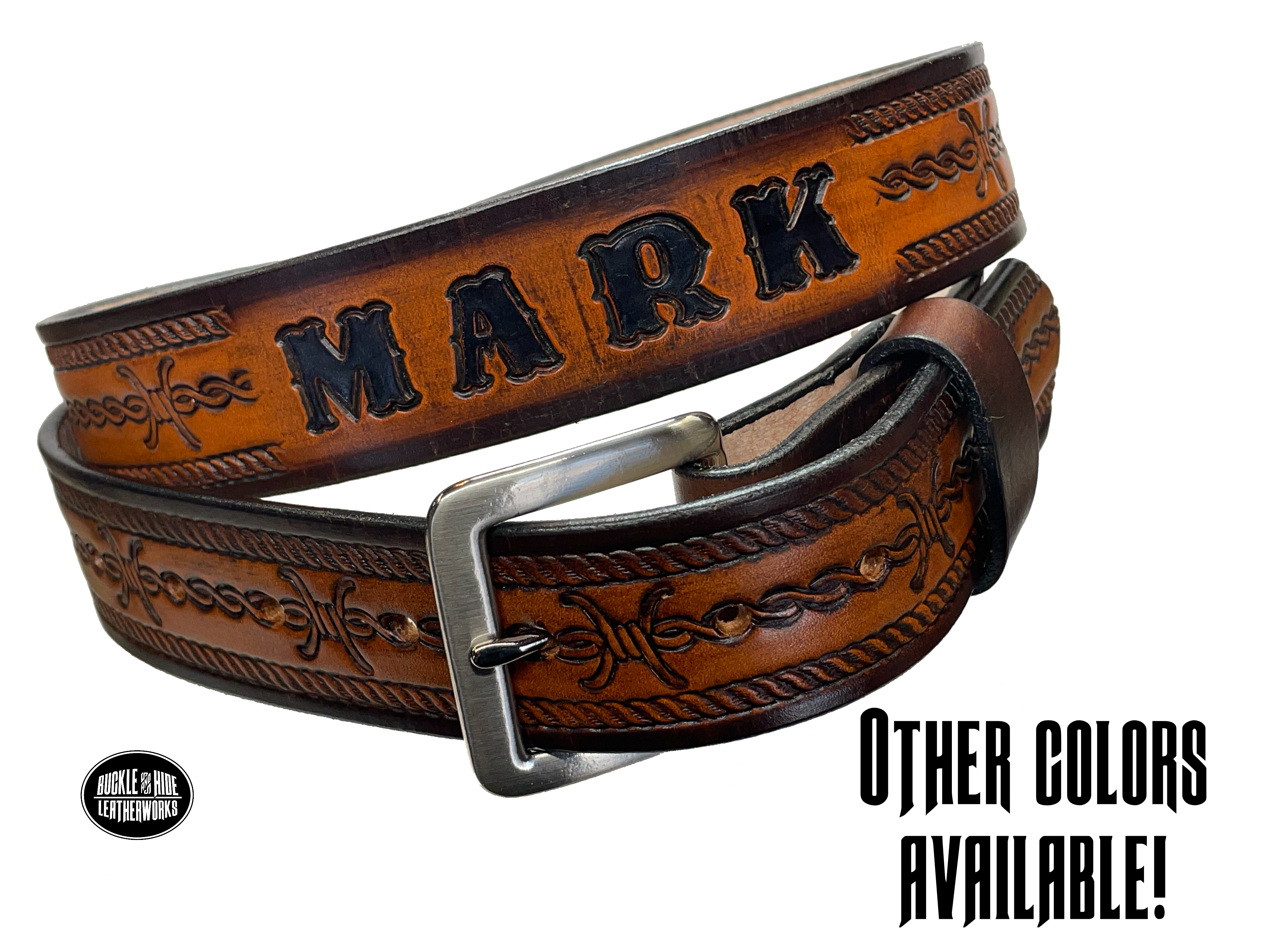 Barb Wire a western-inspired twist to any look. Made from premium veg-tan cowhide and featuring a barb wire icon design, the "Riding Fence" Name Leather Belt is the perfect way to add a touch of rustic  to your wardrobe. Hailing from our Smyrna, TN shop just outside of Nashville, TN, this belt also features an easy-to-swap buckle, so you can keep your style fresh. 