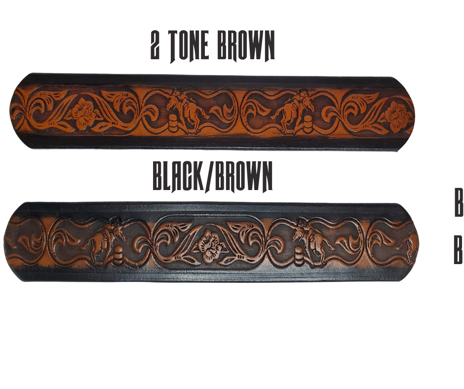 "The Barrel Racer" is a handmade real leather belt made from a single strip of cowhide shoulder leather that is 8-10 oz. or approx. 1/8" thick. It has hand burnished (smoothed) edges and a western influenced Rodeo events pattern. This belt is completely HAND dyed with a multi step finishing technic. The antique nickel plated solid brass buckle is snapped in place with heavy snaps.  This belt is made just outside Nashville in Smyrna, TN.