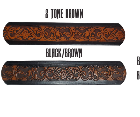 "The Barrel Racer" is a handmade real leather belt made from a single strip of cowhide shoulder leather that is 8-10 oz. or approx. 1/8" thick. It has hand burnished (smoothed) edges and a western influenced Rodeo events pattern. This belt is completely HAND dyed with a multi step finishing technic. The antique nickel plated solid brass buckle is snapped in place with heavy snaps.  This belt is made just outside Nashville in Smyrna, TN.