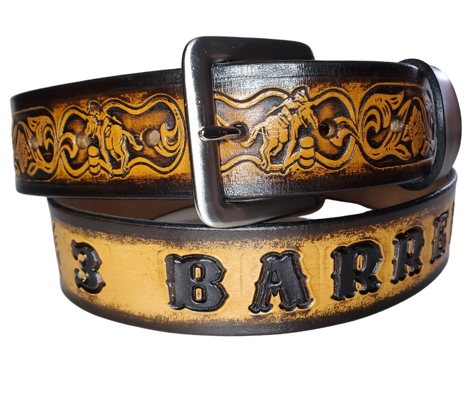 "The Barrel Racer" is a handmade real leather belt made from a single strip of cowhide shoulder leather that is 8-10 oz. or approx. 1/8" thick. It has hand burnished (smoothed) edges and a western influenced Rodeo events pattern. This belt is completely HAND dyed with a multi step finishing technic. The antique nickel plated solid brass buckle is snapped in place with heavy snaps.  This belt is made just outside Nashville in Smyrna, TN.