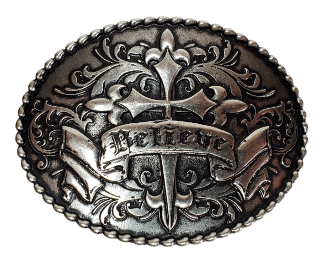 A Cross with western influenced scroll and banner graphic completed with a beaded outside border on a oval shaped buckle. Perfect for 1 1/2" Brown or Black belts with it's Antiqued Nickel appearance. Buckle size is approx. 3" x 4" that makes it great for most body styles. Imported.