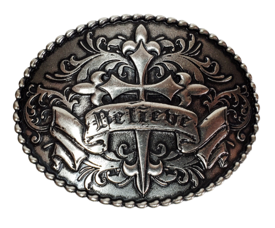 A Cross with western influenced scroll and banner graphic completed with a beaded outside border on a oval shaped buckle. Perfect for 1 1/2" Brown or Black belts with it's Antiqued Nickel appearance. Buckle size is approx. 3" x 4" that makes it great for most body styles. Imported.