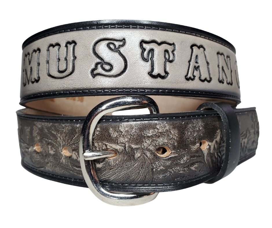  The Wild Horses leather belt is a 3 Horses Pattern in a Two Tone Black color. Perfect the Horse lover in your family. Available in a 1 1/2" width. Full grain vegetable tanned cowhide, Width 1 1/2" and includes Nickle plated  buckle Smooth burnished painted edges. Made in USA! For name Type name desired on belt in "Type Name Here" section, no more than 8 LETTERS maximum on this PARTICULAR belt. Buckle snaps in place for easy changing if desired. In stock at our Smyrna, TN shop.