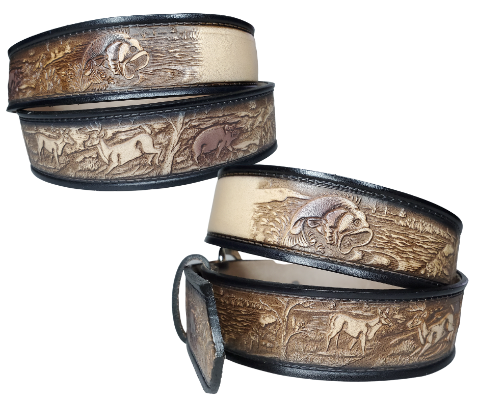 The Hunter leather belt is a classic Outdoors Pattern with DEER. HOGS, and BASS. perfect the Hunter in your family. Available in a 1 1/2" width. Full grain vegetable tanned cowhide, Width 1 1/2" and includes Nickle plated  buckle Smooth burnished painted edges. Made in USA! For name Type name desired on belt in "Type Name Here" section, no more than 8 LETTERS maximum on this PARTICULAR belt. Buckle snaps in place for easy changing if desired. In stock at our Smyrna, TN shop.