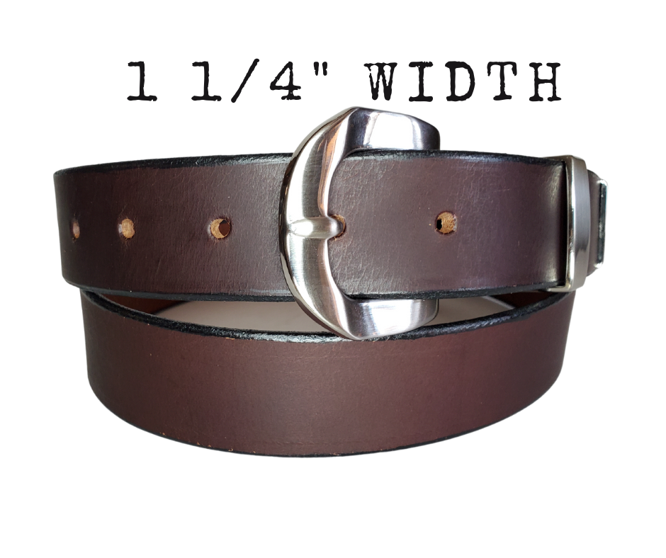 "The Arrington" handmade all leather belt is made from a single strip of Veg-Tan Water Buffalo that is 8-10 oz., or approx. 1/8" thick.  It has a 3 piece Antique Nickle plated over brass buckle with unique NO PIN for the adjustment hole that is never out of style!  The buckle is snapped in place if you ever want to change. This 1 1/4" belt is made just outside Nashville in Smyrna, TN. Perfect for casual and dress wear, it can be for personal use or for groomsman gifts or other gifts as well. 