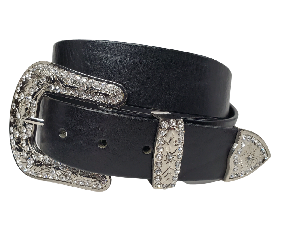 This belt can be part of that journey. Made from our softer leather yet still with some stability. Complete with a Rhinestone 3 piece buckle set on a 1 1/2" wide leather belt strap with snaps if you would want to change to another buckle at some point. Be aware these kind of "flashy" inexpensive belts you see in most stores are made from man-made faux material and will not last, this is a "real" leather belt! Made in our Smyrna, TN shop just outside of Nashville.