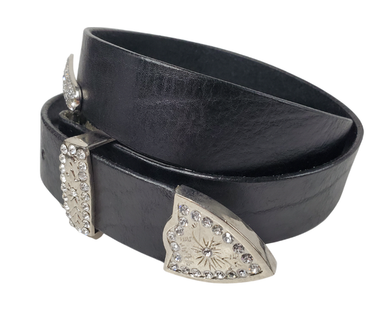 This belt can be part of that journey. Made from our softer leather yet still with some stability. Complete with a Rhinestone 3 piece buckle set on a 1 1/2" wide leather belt strap with snaps if you would want to change to another buckle at some point. Be aware these kind of "flashy" inexpensive belts you see in most stores are made from man-made faux material and will not last, this is a "real" leather belt! Made in our Smyrna, TN shop just outside of Nashville.