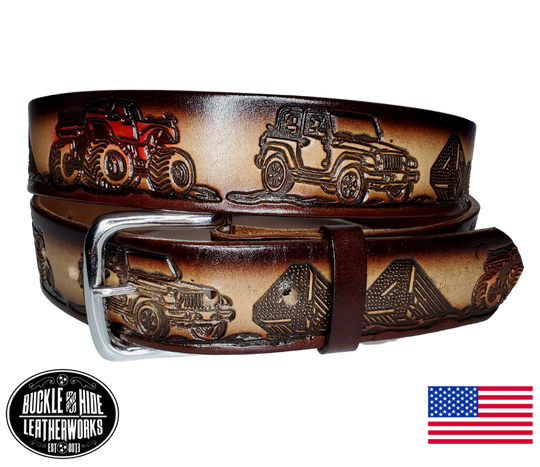 This USA made veg-tan leather belt is approx. 1/8" thick, 1 1/2"width with no fillers to split or rip apart. The belt features 4 wheel drive trucks, a well known BRAND of 4 wheel drive we cannot name along with 4x4 around the entire belt. The leather is comfortable from day one   Buckle is snapped on for easy buckle change. Colors may vary do to the manufacturing process. We don't make this belt but it's Buckle and Hide approved and still made in the USA. There is not a NAME option on this belt.