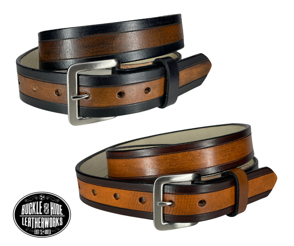 The Winchester handmade all leather belt is made from a single strip of Veg-Tan cowhide that is a hand finished Veg-tan that is 9-10 oz., or approx. 1/8" thick.  It has a basic Border design that is never out of style!  The antique nickel plated solid brass buckle is snapped in place. This belt is made just outside Nashville in Smyrna, TN. Perfect for casual and dress wear, it can be for personal use or for groomsman gifts or other gifts as well.  Please choose your Width 1 1/4" or 1 1/2" 