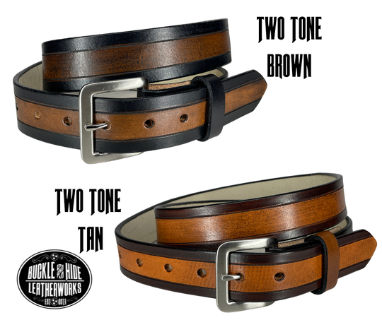 The Winchester handmade all leather belt is made from a single strip of Veg-Tan cowhide that is a hand finished Veg-tan that is 9-10 oz., or approx. 1/8" thick.  It has a basic Border design that is never out of style!  The antique nickel plated solid brass buckle is snapped in place. This belt is made just outside Nashville in Smyrna, TN. Perfect for casual and dress wear, it can be for personal use or for groomsman gifts or other gifts as well.  Please choose your Width 1 1/4" or 1 1/2" 