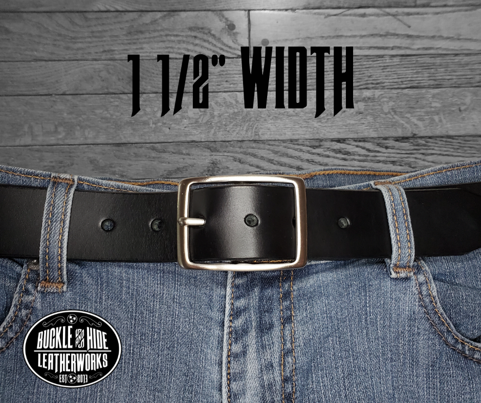 This Solid Black leather belt is made from Drum dyed cowhide that is long lasting but still nice enough for a night out. .The edges are beveled and painted for a finished look. It has an antique nickel coated solid brass buckle that is snapped in place. Belt is 1 1/2" wide and available in lengths from 32" to 44".  It is handmade in our shop in Smyrna, TN, just outside of Nashville.