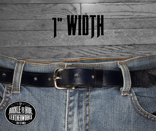 Our ladies 1" wide water buffalo leather belt with snaps to easily change out buckle. Features a smoothed black burnished and a basic steel buckle. This belt has a softer feel than some of our Name style belts but still durable. Available online or for purchase at our shop just outside Nashville in Smyrna, TN.