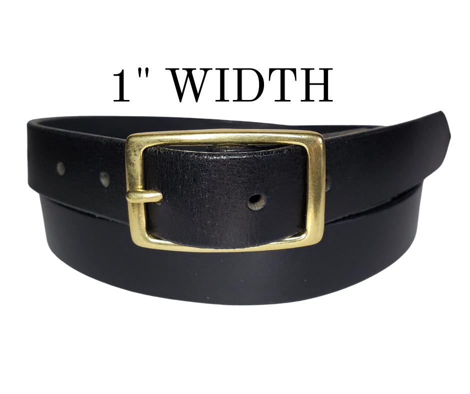 Our ladies 1" wide Solid Black buffalo water leather belt with snaps to easily change out buckle. Features a smoothed black burnished and a Solid Brass or Antique Nickle plate over Brass buckle. This belt has a softer feel than some of our Name style belts but still durable. Available online or for purchase at our shop just outside Nashville in Smyrna, TN.  We create each belt to have 7 holes at 1 inch apart. Your chosen size will be the center hole.