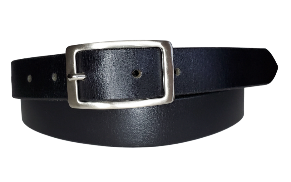 Our ladies 1" wide Solid Black buffalo water leather belt with snaps to easily change out buckle. Features a smoothed black burnished and a Solid Brass or Antique Nickle plate over Brass buckle. This belt has a softer feel than some of our Name style belts but still durable. Available online or for purchase at our shop just outside Nashville in Smyrna, TN.  We create each belt to have 7 holes at 1 inch apart. Your chosen size will be the center hole.