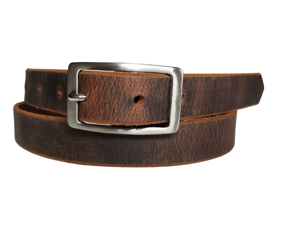 Our ladies 1" wide Distressed Brown buffalo water leather belt with snaps to easily change out buckle. Features a smoothed black burnished and a Solid Brass or Antique Nickle plate over Brass buckle. This belt has a softer feel than some of our Name style belts but still durable. Available online or for purchase at our shop just outside Nashville in Smyrna, TN.  We create each belt to have 7 holes at 1 inch apart. Your chosen size will be the center hole.