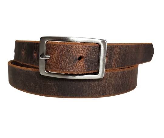 Our ladies 1" wide Distressed Brown buffalo water leather belt with snaps to easily change out buckle. Features a smoothed black burnished and a Solid Brass or Antique Nickle plate over Brass buckle. This belt has a softer feel than some of our Name style belts but still durable. Available online or for purchase at our shop just outside Nashville in Smyrna, TN.  We create each belt to have 7 holes at 1 inch apart. Your chosen size will be the center hole.