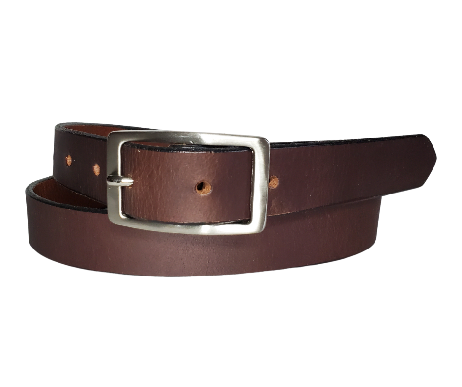 Our ladies 1" wide Chocolate brown buffalo water leather belt with snaps to easily change out buckle. Features a smoothed black burnished and a Solid Brass or Antique Nickle plate over Brass buckle. This belt has a softer feel than some of our Name style belts but still durable. Available online or for purchase at our shop just outside Nashville in Smyrna, TN.  We create each belt to have 7 holes at 1 inch apart. Your chosen size will be the center hole.