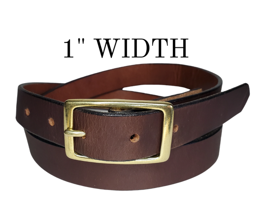 Our ladies 1" wide Chocolate brown buffalo water leather belt with snaps to easily change out buckle. Features a smoothed black burnished and a Solid Brass or Antique Nickle plate over Brass buckle. This belt has a softer feel than some of our Name style belts but still durable. Available online or for purchase at our shop just outside Nashville in Smyrna, TN.  We create each belt to have 7 holes at 1 inch apart. Your chosen size will be the center hole.