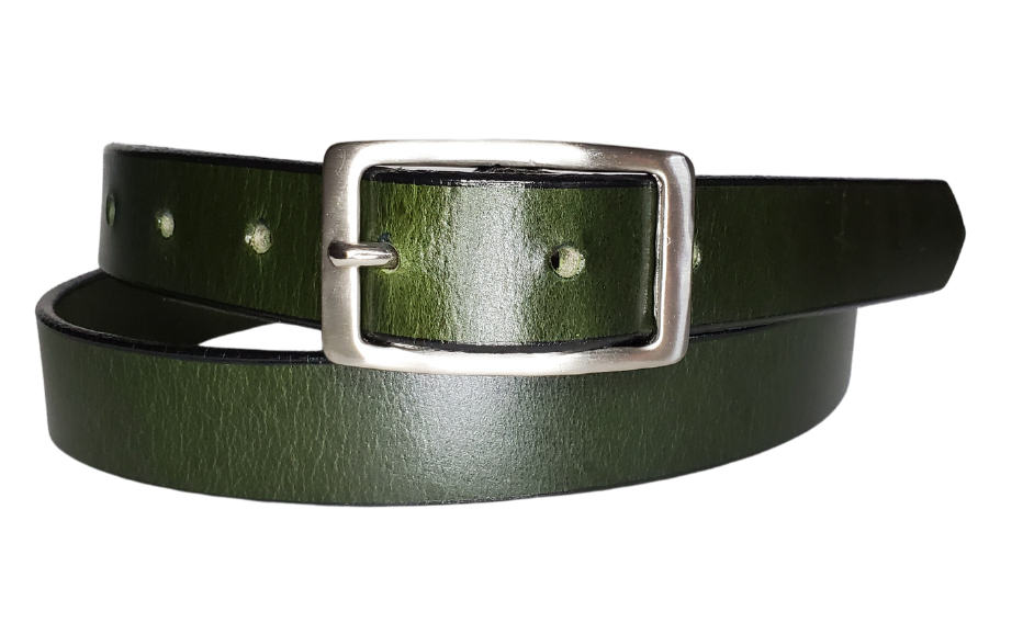 Our ladies 1" wide Deep Green buffalo water leather belt with snaps to easily change out buckle. Features a smoothed black burnished and a Solid Brass or Antique Nickle plate over Brass buckle. This belt has a softer feel than some of our Name style belts but still durable. Available online or for purchase at our shop just outside Nashville in Smyrna, TN.  We create each belt to have 7 holes at 1 inch apart. Your chosen size will be the center hole.