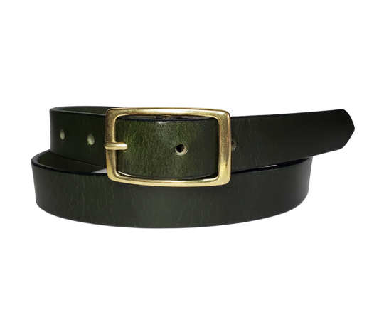 Our ladies 1" wide Deep Green buffalo water leather belt with snaps to easily change out buckle. Features a smoothed black burnished and a Solid Brass or Antique Nickle plate over Brass buckle. This belt has a softer feel than some of our Name style belts but still durable. Available online or for purchase at our shop just outside Nashville in Smyrna, TN.  We create each belt to have 7 holes at 1 inch apart. Your chosen size will be the center hole.